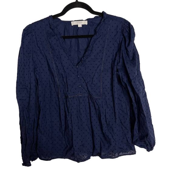 Ann Taylor LOFT Medium M Navy Blue Textured Swiss Dot Cotton Long Sleeve Blouse - Picture 1 of 7